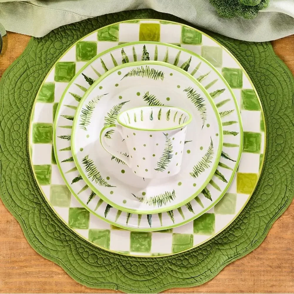 Mackenzie Childs Green Check Round Platter 13.25in Portugal Stoneware NEW